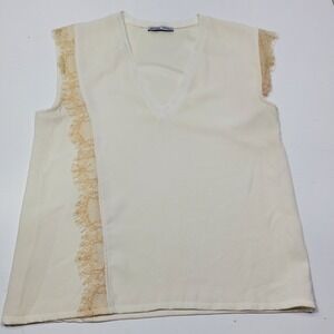 Zara Top Women Size Small White V-neck Lace detail Lightweight Casual Sleeveless